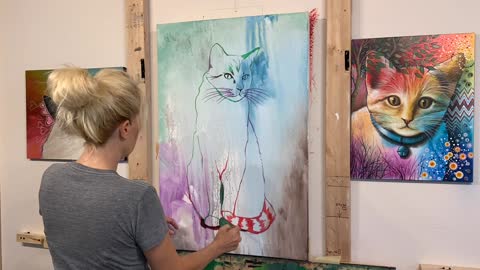 Time Lapse Speed Painting / Amy Giacomelli / Modern cat art abstract animal canvas art