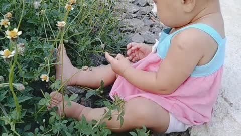 Super cute baby playing with wild flowers