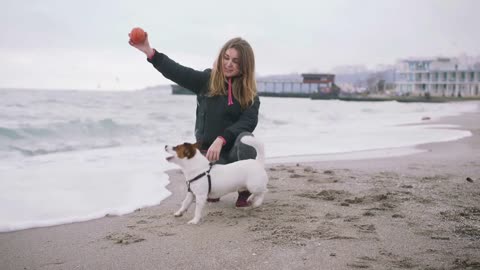 Young woman playing with dog Jack Russel on the beach near the sea, slow motion