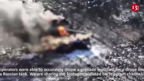 A projectile fired from a drone in a precise strike falls on Russian tank - the tank burns to ashes