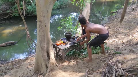 Primitive Technology - fInd fish cock for lunch in jugle eat at Watherlake- eating delicious