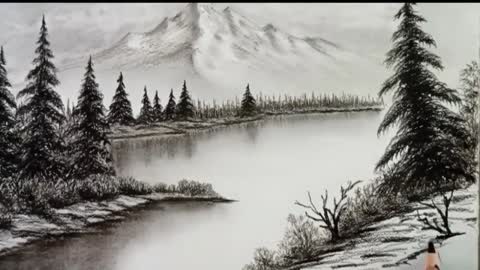 Pencil drawing landscape scenery/ Snow mountain landscape drawing with pencil