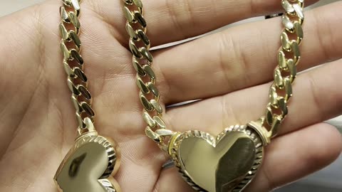 Real Gold Semi Hollow Cuban Link Engravable Heart Set
