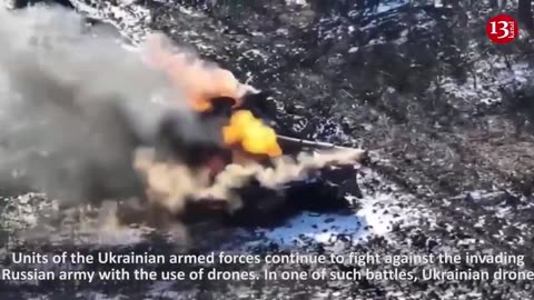 A projectile fired from a drone in a precise strike falls on Russian tank - the tank burns to ashes