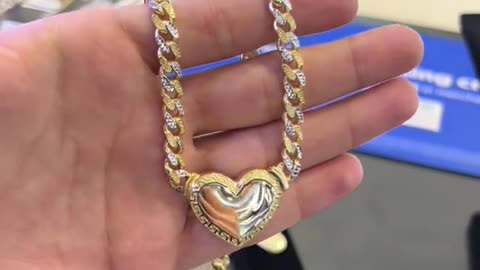 Ladies 2-Tone Gold Cuban Link Engravable Heart Chain & Bracelet