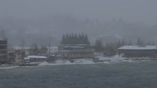 Waves hitting Edmonds, WA. High tide, 26DEC21