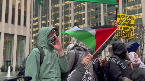 "Down with the USA" chants ring out in the streets of Manhattan as protestors wave Palestinian and trans flags