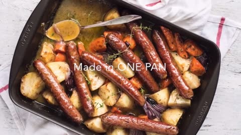 One Pan Baked Sausage & Vegetable with Gravy