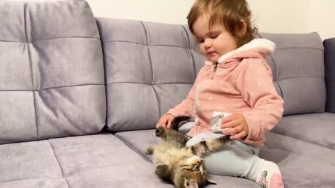 Cute Baby Meets New Baby Kitten For The First Time!