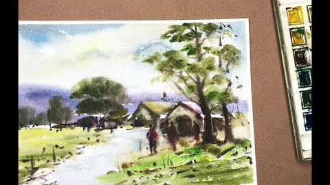 Riverside Two Huts Landscape Watercolor Painting Shorts