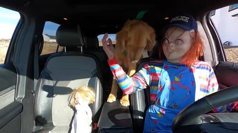 Bride of Chucky Surprises Puppy & Chucky with Car Ride Chase!