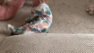 Baby Doing a Funky Move Falls on Squeaky Toy