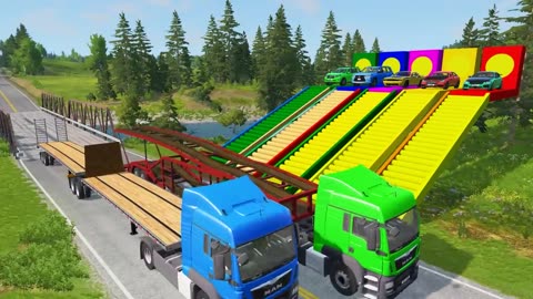 Double Flatbed Trailer Truck vs Speedbumps Train vs Cars Tractor vs Train BeamNGdriver8