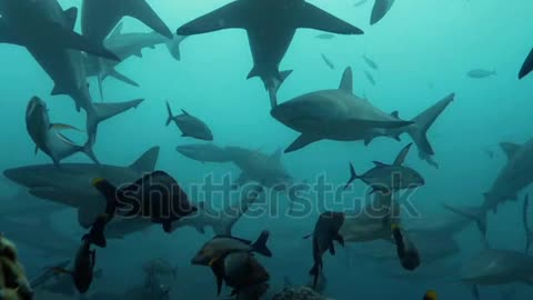 Group of sharks from below in the Pacific Ocean. Underwater marine life with grey