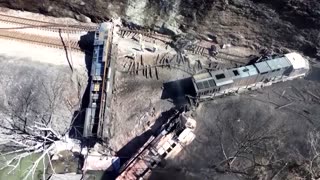 Smoking wreckage of derailed train in West Virginia