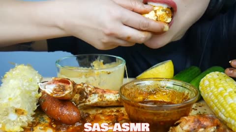 ASMR spicy SEAFOOD boil eggs, corn, enoki mushrooms eating | asmr mukbang seafood