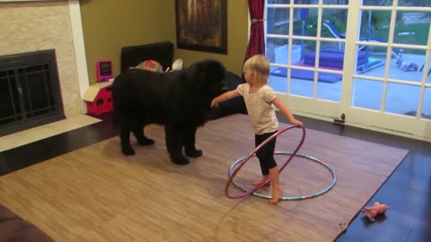 Toddler tries teaching dog to Hula Hoop