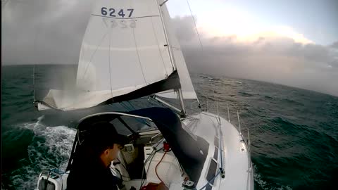 Bavaria 36 sailing in strong winds and steep seas in Moreton Bay, Brisbane
