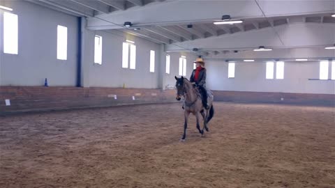Cowgirl Riding Horse in Hall. Horse Riding Masquerade Competition in Big Riding Hall