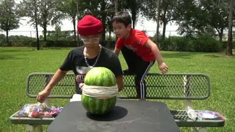 WATERMELON vs 500 RUBBER BANDS funny challenge w lil brother