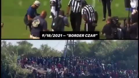 Border Czar Kamala Harris flips a coin at a football game as thousands cross the Rio Grande