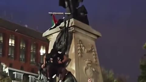 Pro-Palestine protesters are vandalizing the statues in Lafayette Park outside of the White House