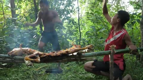 PrImitive technology || cooking in jungle, meet goat at waterfall