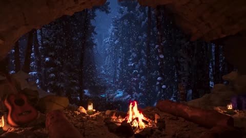 Relax In A Cozy Winter Cave With A Crackling Fire & Music mix 4K