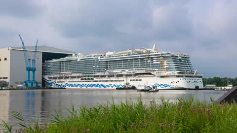 Big ship launch - Float Out of Cruise Ship AIDAcosma at Meyer Werft Shipyard in 8K HDR