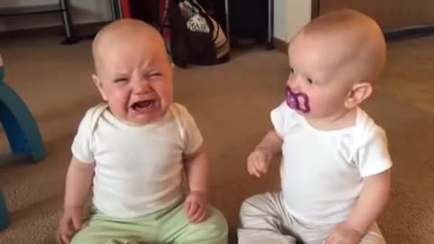 Cute twin baby girls fight over pacifier