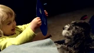 Puppy completely fascinated by toddler's story
