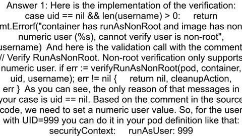 kubernetes PodSecurityPolicy set to runAsNonRoot container has runAsNonRoot and image has nonnumeri