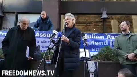 Roger Waters speaking at press conference outside British Counsulate in New York City