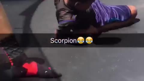 Kid in purple shorts tries trampoline trick. gets caught in net.