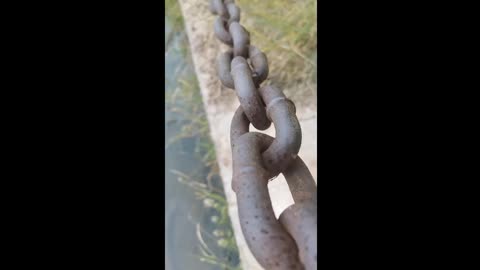 Rusty iron chain by the river