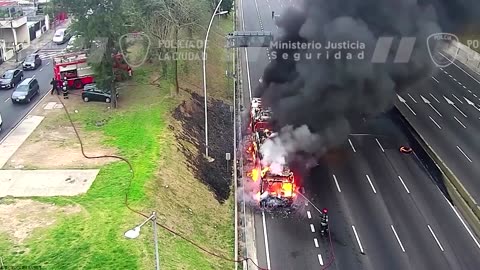 Passengers scramble out of burning bus in Argentina