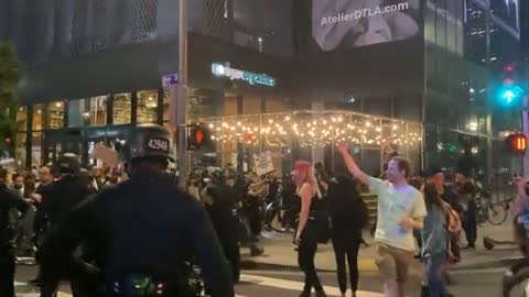 LA, California: Pro abortion group yells and throws objects at LAPD (June 25, 2022)