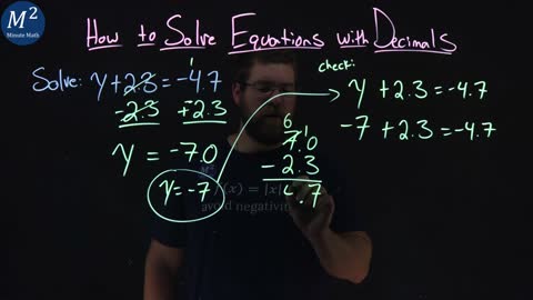 How to Solve Equations with Decimals | y+2.3=-4.7 | Part 1 of 4 | Minute Math