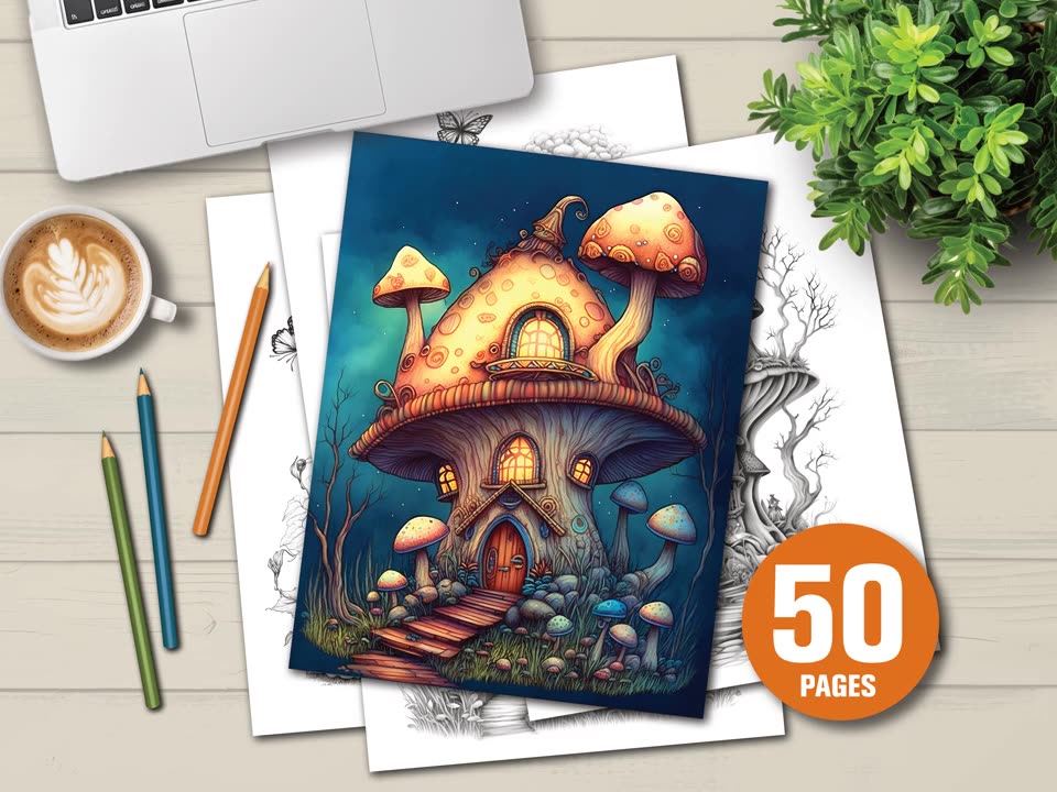 50 Magical Mushroom Houses Coloring Pages With Commercial Rights