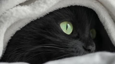 Black fluffy cat with green eyes lies wrapped in a blanket. Halloween symbol