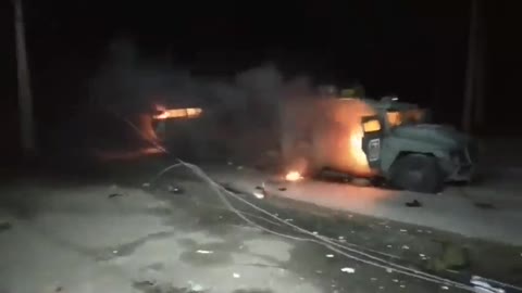 Destroyed Russian military equipment burns near Kharko, defeated & pushed back by Ukrainian forces.