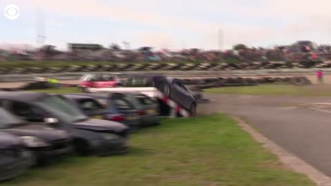 British drivers strap themselves in for car-jumping competition