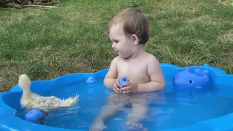 Funny Baby Reaction to Duckling in the Pool