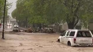 Heavy floods due to extreme rains at Main Road in Franschhoek of South Africa