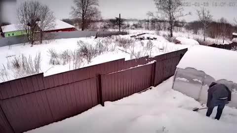 Shovel Blade Breaks and Flies off Wooden Handle as Guy Clears Snow With it