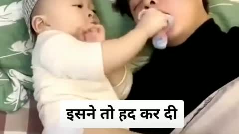 Cute baby fun with a guy look like funny and comedy
