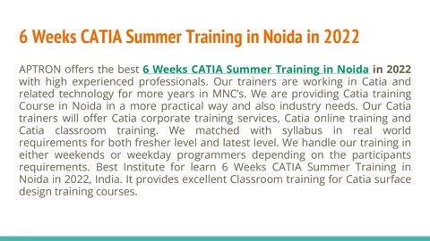 6 Weeks CATIA Summer Training in Noida in 2022