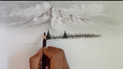 Pencil drawing landscape scenery/ Snow mountain landscape drawing with pencil