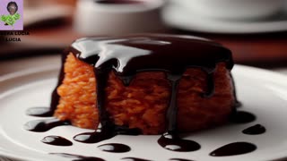 Carrot pudding with chocolate syrup.