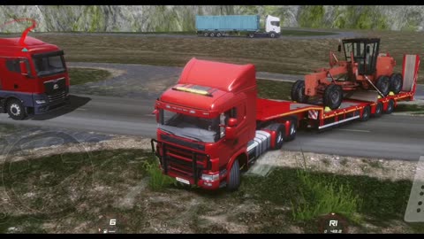 Red d Scania G460 Abused in dirt Road pulling Tri Axle with grader